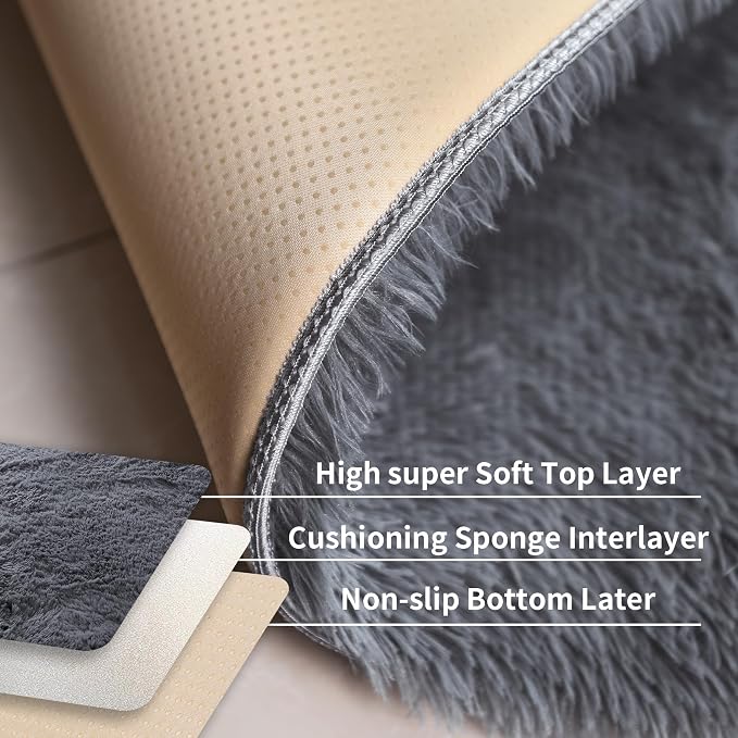 KICHOWUA 4x6 Grey Fluffy Shag Rug - Image 4