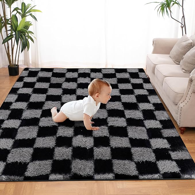 Super Soft Rug for Bedroom, 3x5 Ft Grey and Black Area Rug Classic Checkered by TOOHUB