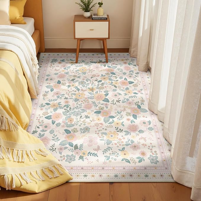 4x6 Area Rugs, Washable Floral Rug, Low Pile Non-Slip Carpet, Flower Rug - Image 6
