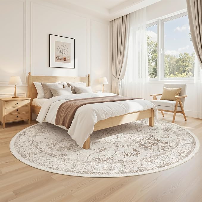 Madane Washable Round Rug 9ft for Living Room, Soft Ultra-Thin Non-Slip Vintage - Image 3