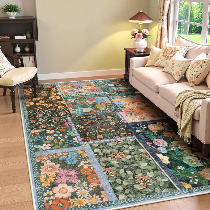 LIVEBOX 5x7 Washable Rug for Living Room, Soft Patchwork Dark Brown Rugs for by LIVEBOX
