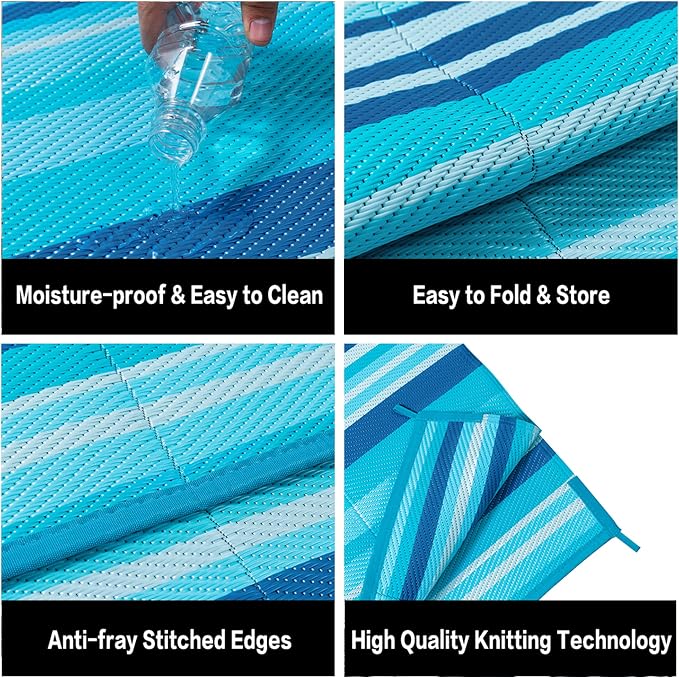 Outdoor Plastic Straw Rug Waterproof Patio 10x14 Blue Teal Stripe Mat - Image 7