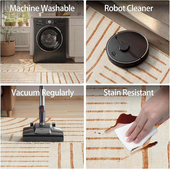 DCX Beige Machine Washable 6x9 Area Rug, Midcentury Modern Non Slip Stain - Image 7