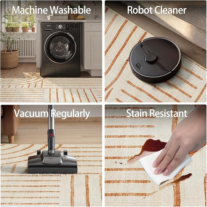 DCX Beige Machine Washable 8x10 Area Rugs, Midcentury Modern Non Slip Stain - Image 7