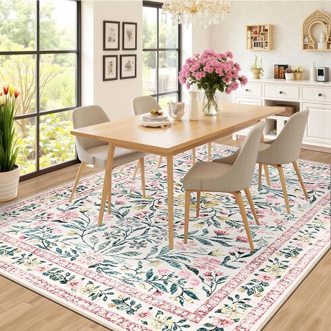Area Rugs 9x12 Living Room: Floral Washable Rug Vintage Large Soft Boho - Image 4