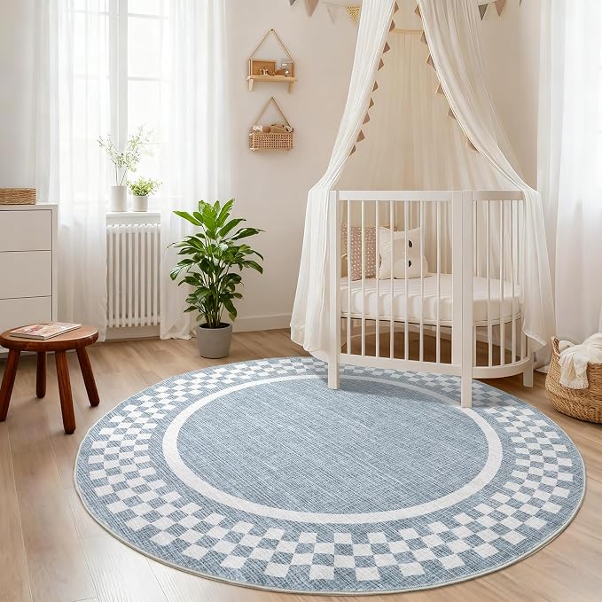 4ft Washable Round Rug for Entryway Modern Checkered Bedroom Circle Rug Non - Image 3