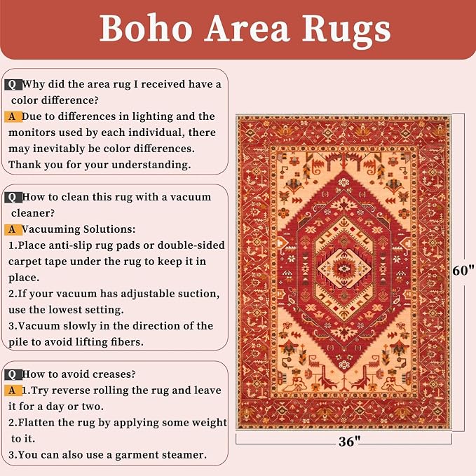 SERISSA Area Rug 3x5 Boho Rugs for Bedroom, Washable Non-Slip Living Room Rug - Image 2