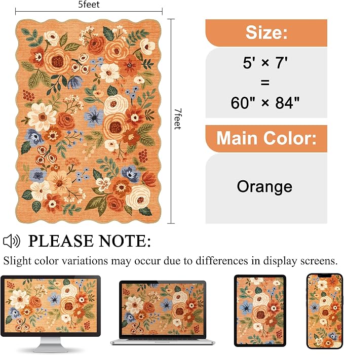 DUKINO 5x7 Area Rug, Floral Washable Rugs - Image 2