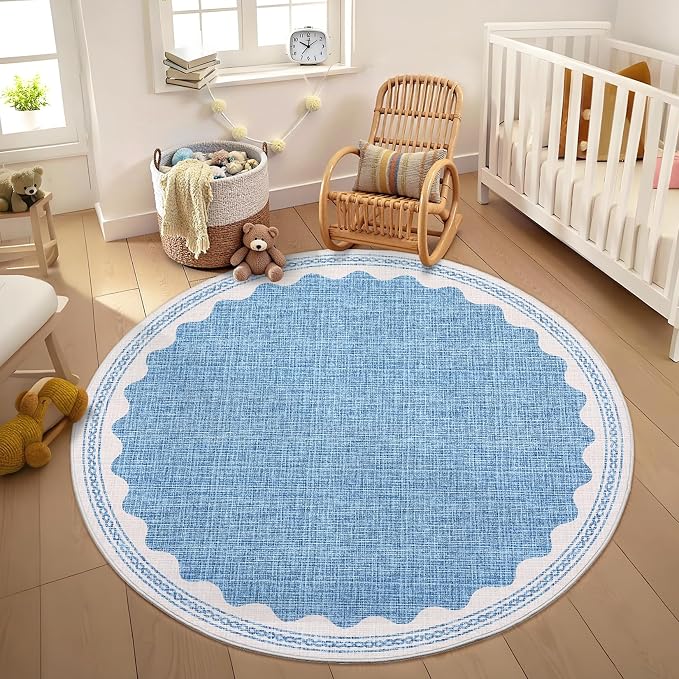 GarveeHome Scalloped Blue 4ft Round Rug Washable Non-Slip Soft Ultra-Thin Small by GarveeHome