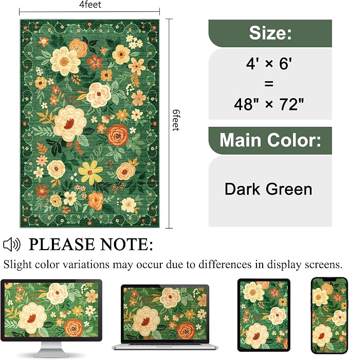 DUKINO 4x6 Area Rug, Lightweight Non Slip Washable Floral Rug, Indoor Low Pile - Image 2