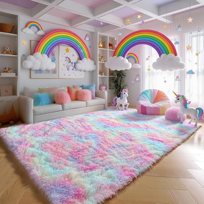 PAGISOFE 3x5 Fluffy Vibrant Rainbow Rug, Bedside Preppy Dorm Area Rug - Image 6