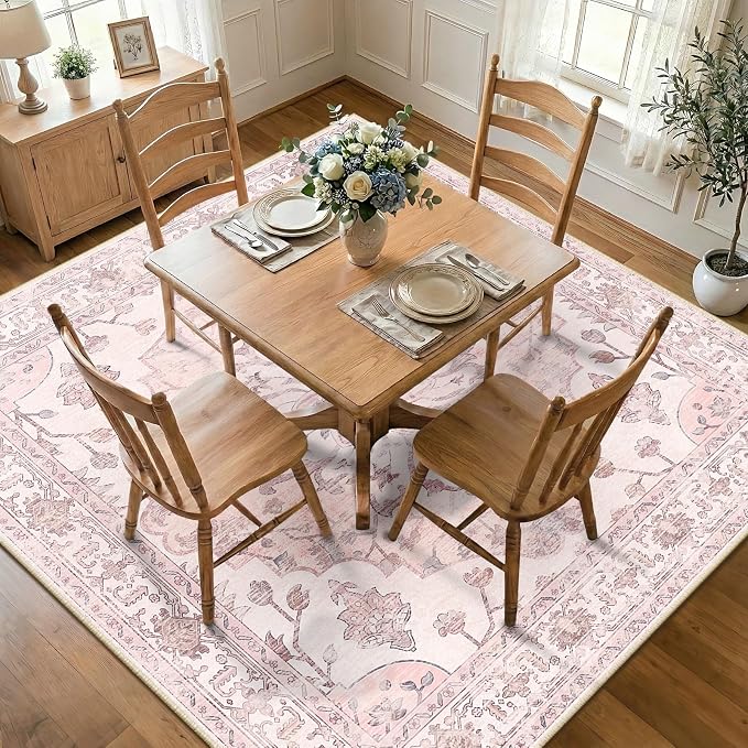 RELEANY Area Rugs Square 8ft Washable Non-Slip, Floral Vintage Distress - Image 2
