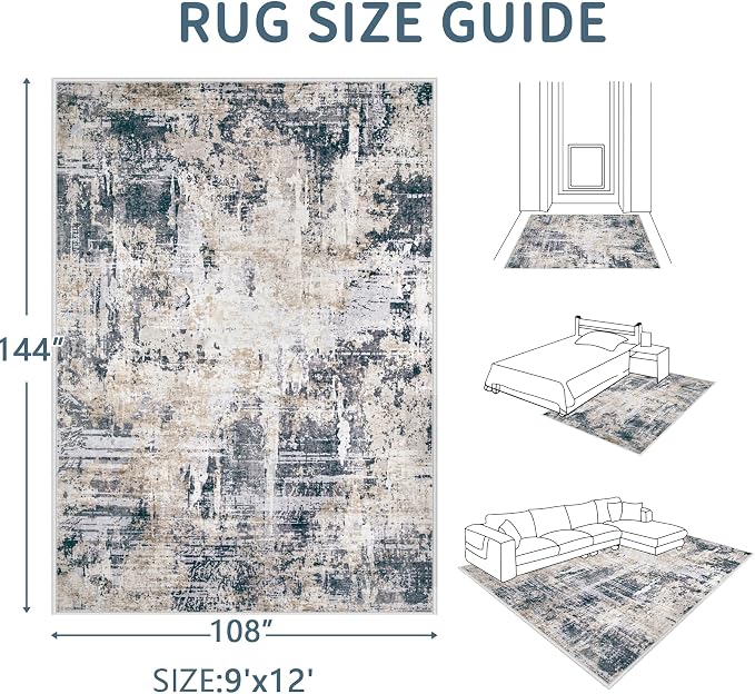 Area Rugs 9x12 Living Room: Washable Rug Modern Abstract Large Rugs Soft Non - Image 2