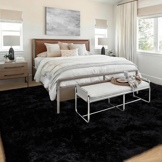 8x10 Area Rugs for Living Room: Soft Black Fluffy Rug Shag Washable Rug Plush - Image 2