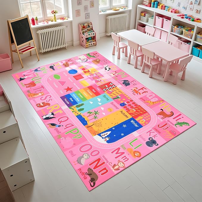 Pink Kids Rug for Playroom Classroom, ABC Alphabet Numbers Play Toddlers Rugs - Image 4