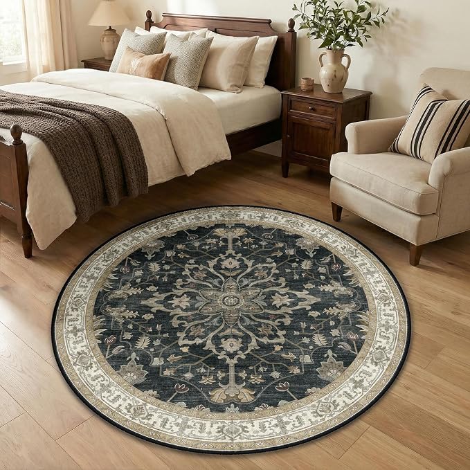 RELEANY Area Rugs Round 4ft Washable Non-Slip, Floral Vintage Distress by RELEANY
