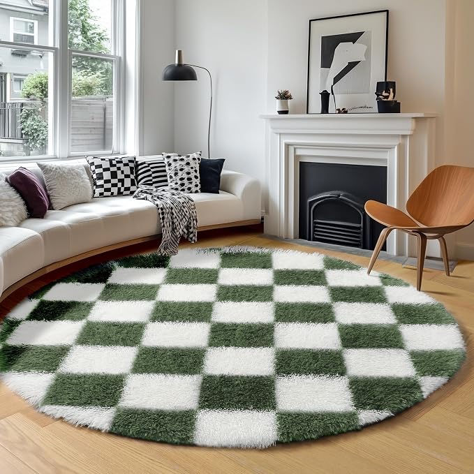KICMOR Round Rugs 5ft Olive Green and White Circle Area Rug, Fluffy Soft Fuzzy - Image 3