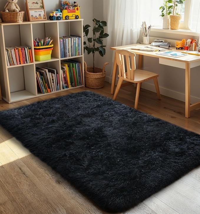 KICHOWUA Thick Area Rug Black Fluffy Shag 3x5 - Image 8