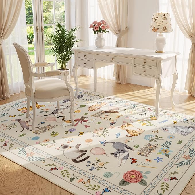 Unirea 4x6 Beige Cat Area Rug for Bedroom, Living Room, Medium Washable Kids Rug - Image 9