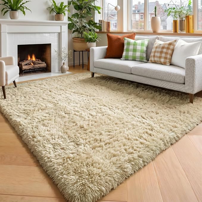 Amdrebio Beige Area Rugs for Living Room Bedroom, 6x9 Fluffy Plush Shag Furry by Amdrebio