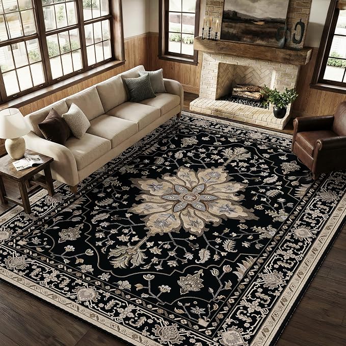 RELEANY Area Rugs 8'x10' Washable Non-Slip, Floral Vintage Distress Medallion by RELEANY