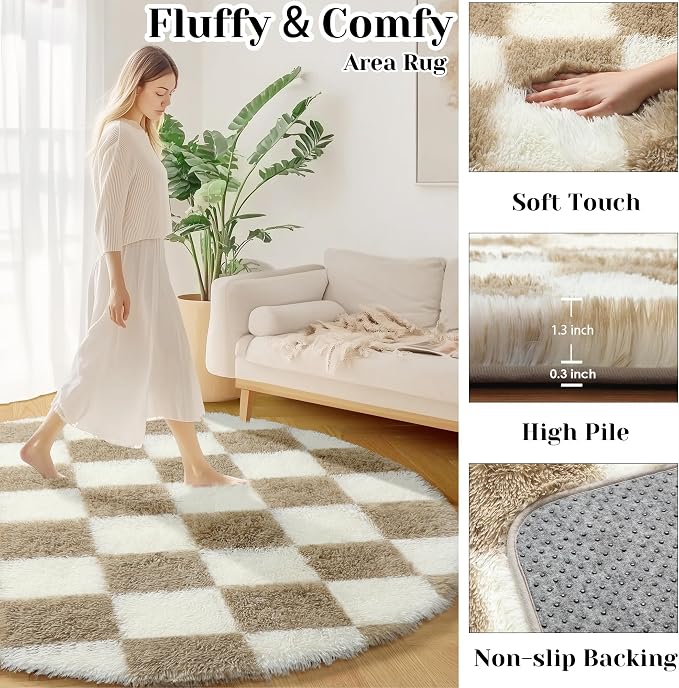 KICMOR Round Rugs 6ft Beige and Cream White Circle Area Rug, Fluffy Soft Fuzzy - Image 2