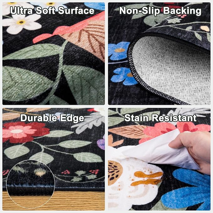 Round Area Rug for Living Room: 4 ft Floral Washable Circle Rug Soft Boho - Image 6