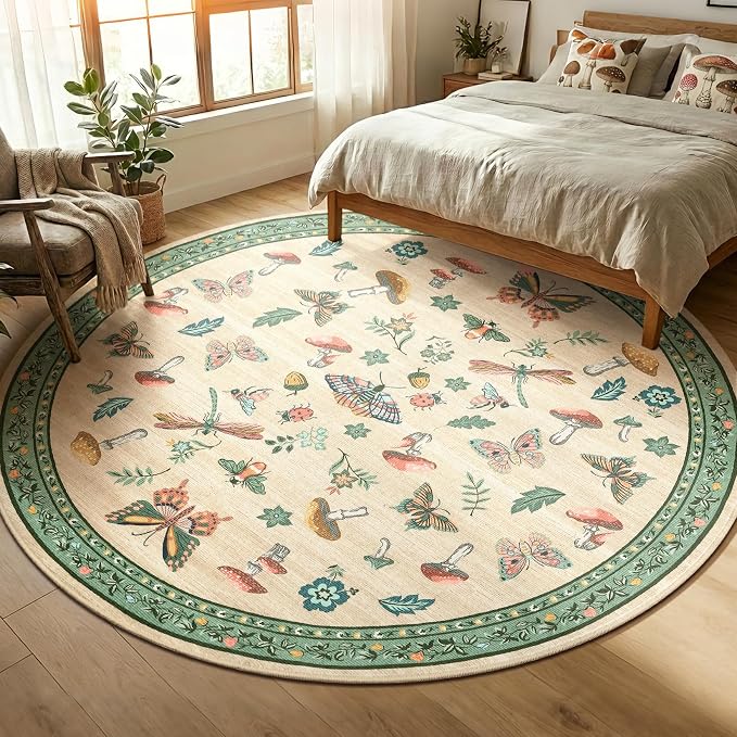 Mushroom Insect 6ft Round Rug Washable Non-Slip Soft Ultra-Thin Small Boho - Image 2