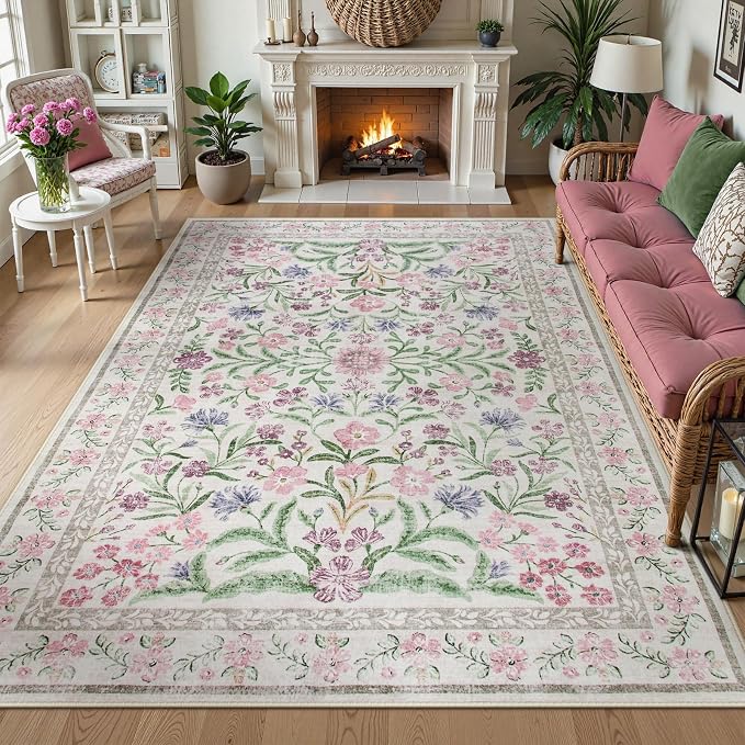 Wonnitar Boho Floral Area Rug 6x9, Washable Purple Rugs by Wonnitar