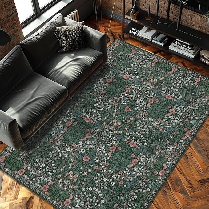 Vintage Green Living Room Rug, 6x9 Washable Area Rugs - Image 3