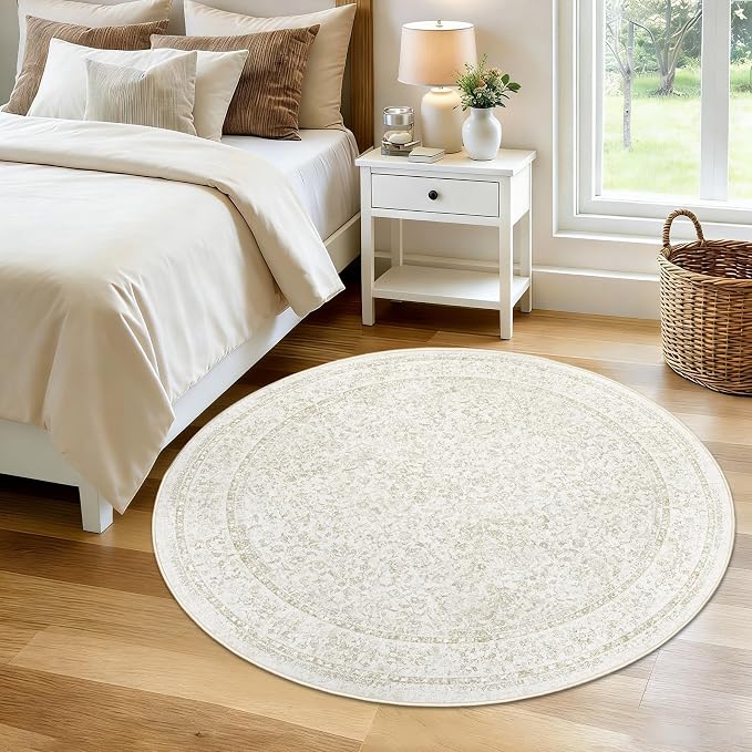 Round Rugs 4ft Vintage Floral Small Circle Rug, Washable Non Slip Soft Low Pile - Image 2