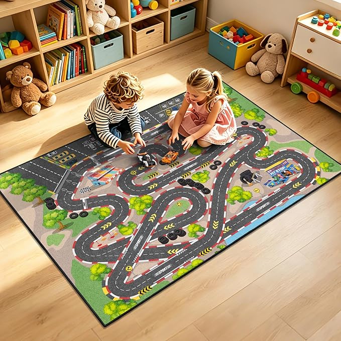 Kids Car Rug Play Mat, 3x5 ft Race Track Road Rug - Image 6