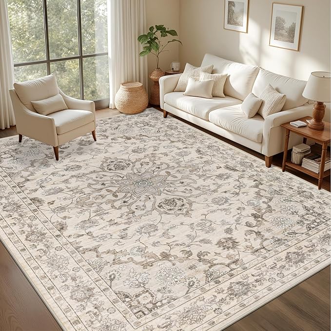 8x10 Area Rugs for Living Room: Washable Rug Soft Vintage Distressed Floral - Image 3
