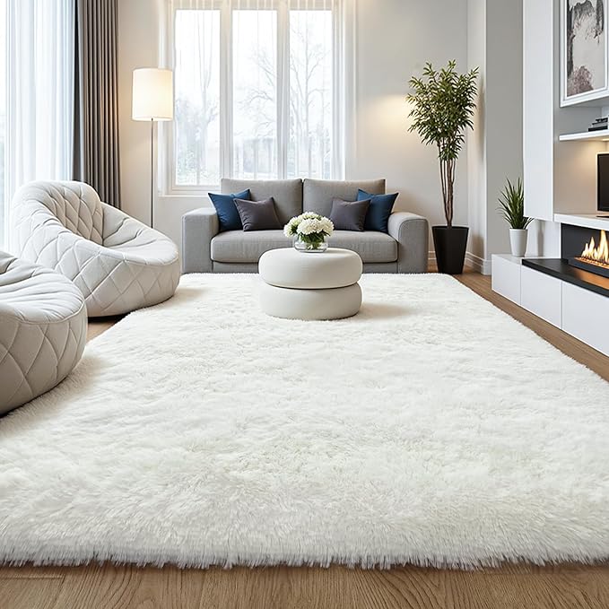 Fluffy 8x10 Large Area Rugs for Bedroom Living Room, Cream White Soft Washable by KICHOWUA
