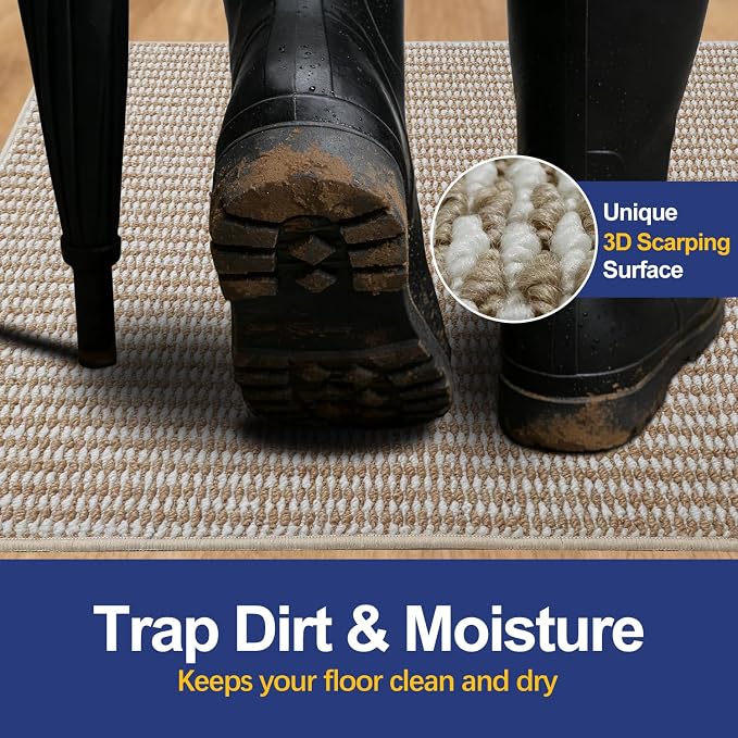 Dirt Trapping Door Mat 20x32, Taupe & White Faux Jute Entryway Rug | Low-Profile - Image 2