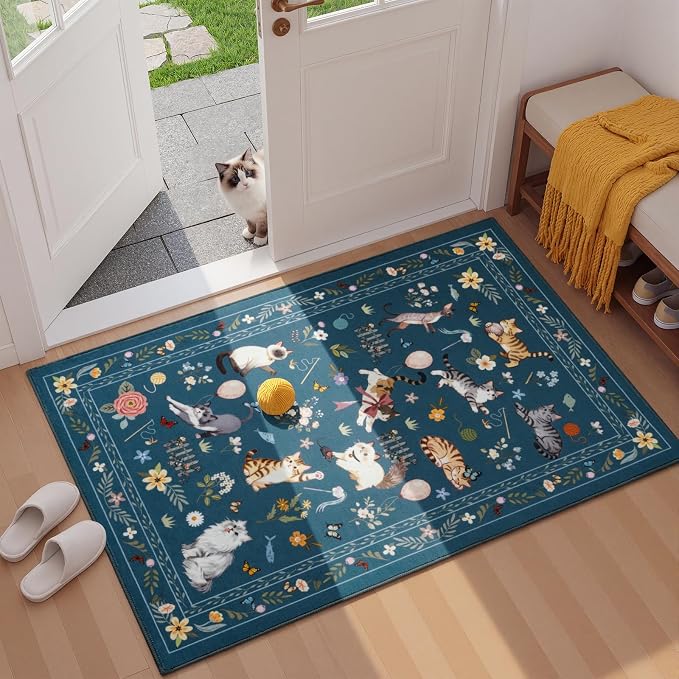 Unirea 2x3 Small Dark Blue Washable Cat Area Rug, Door Mat Indoor Entrance Rug by UNIREA