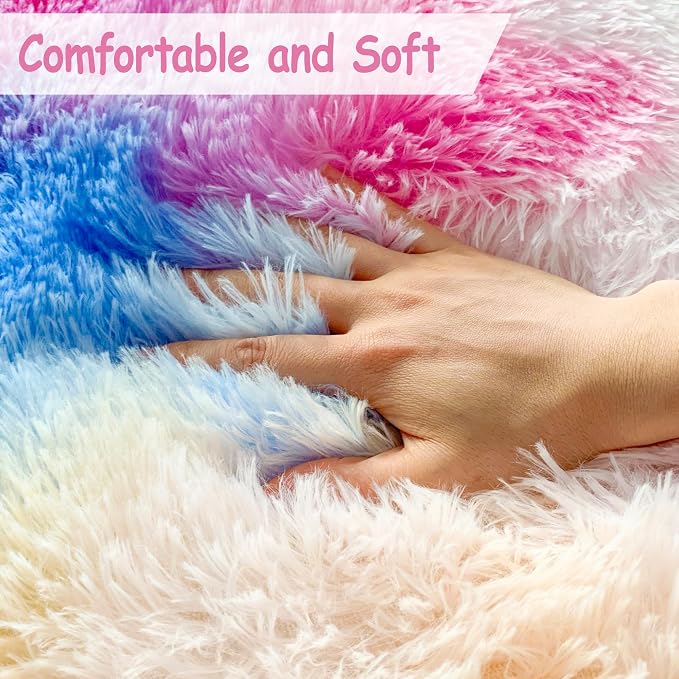 2x3 ft Small Throw Rugs Furry, Non Slip Mini Area Rug, Fluffy Tie-Dyed Rainbow - Image 4