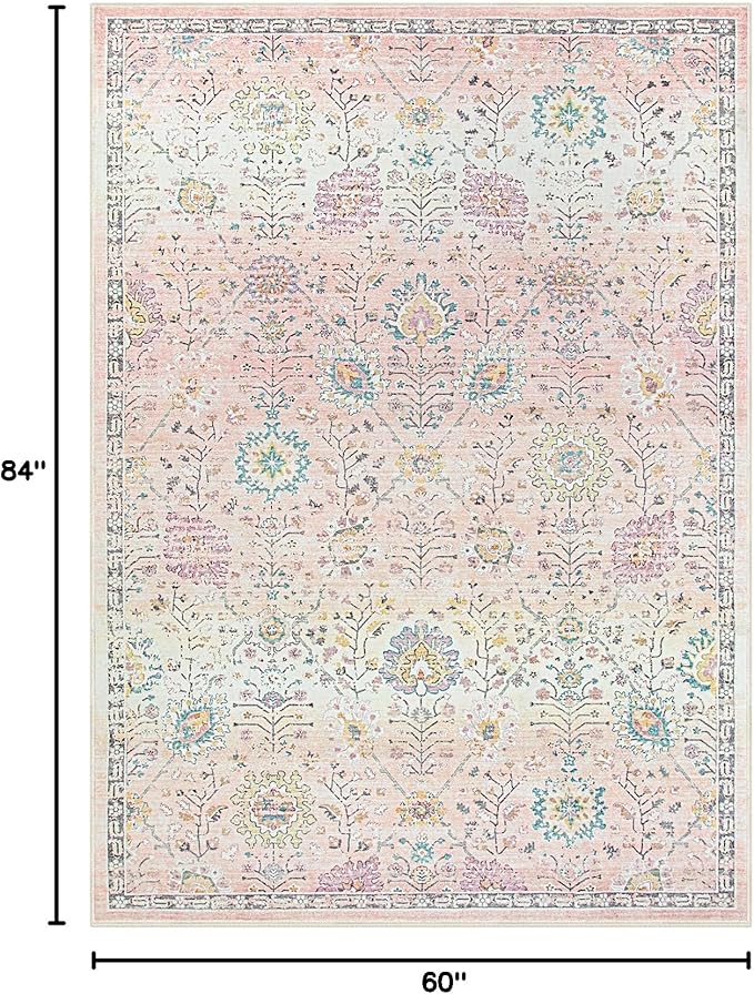 Lahome Pink Rug for Girls Bedroom 5x7, Soft Washable Floral Area Rug, Boho Non - Image 2