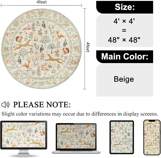 DUKINO 4ft Round Rug, Washable Round Area Rug, Non Slip Indoor Low Pile Animal - Image 2