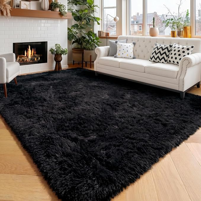 Amdrebio Black Rugs for Bedroom Living Room Decor Aesthetic, Fluffy Shag Furry by Amdrebio