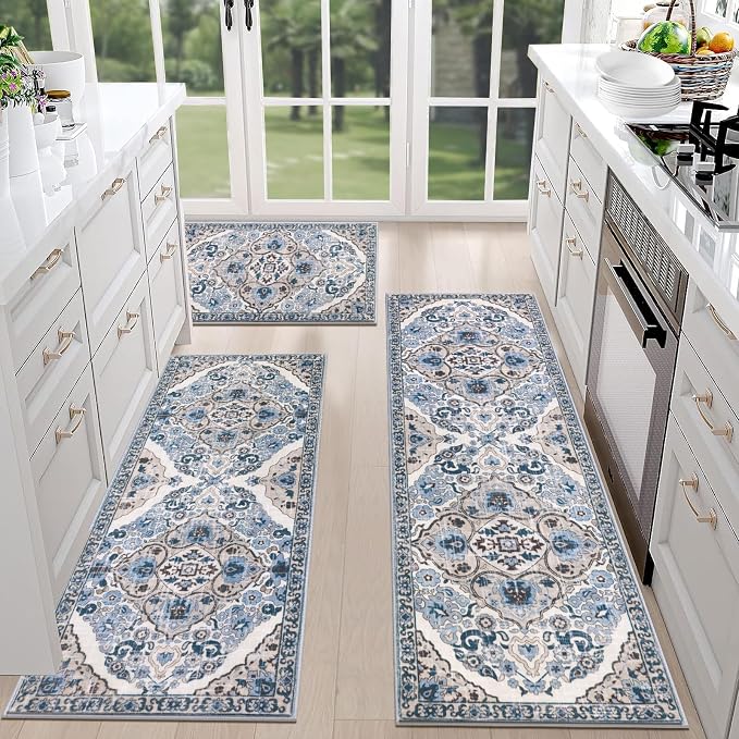 HEBE Farmhouse Kitchen Rugs Sets of 3 Non Slip Washable Boho Kitchen Rugs and by HEBE