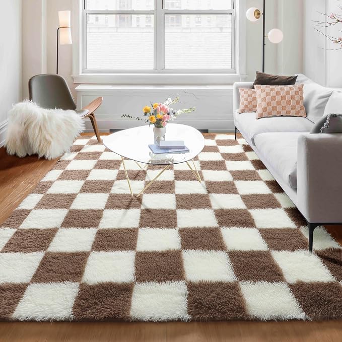KICMOR Living Room Rug 5x8 Brown and Cream White, Large Fluffy Shag Fuzzy by KICMOR