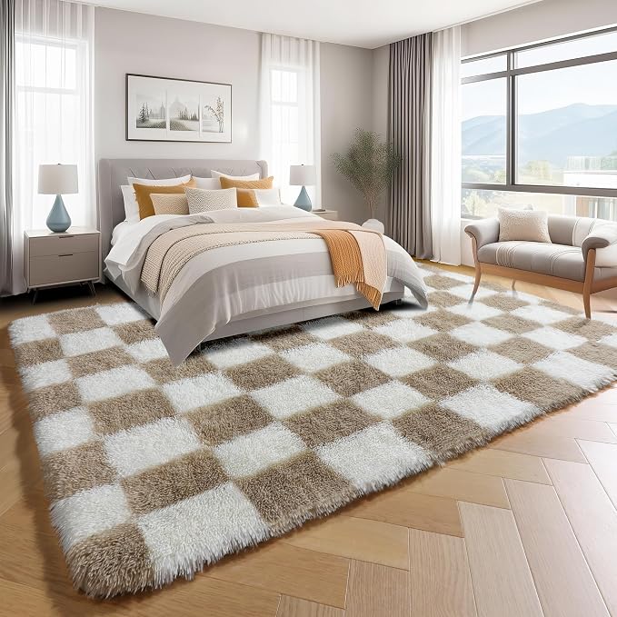 KICMOR Living Room Rug 7x9 Area Rug, Large Fluffy Shag Shaggy Fuzzy Checkered - Image 3