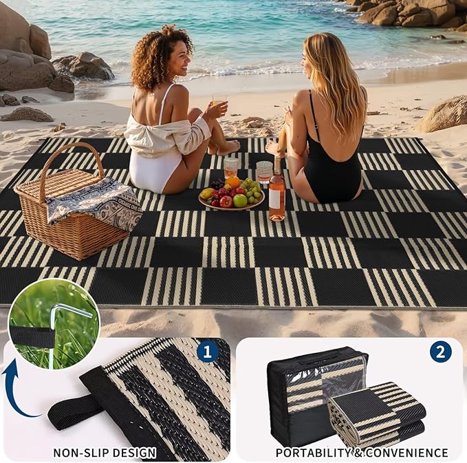 Garvee Waterproof Outdoor Rug 6x9, Checkered Foldable Plastic Straw Patio - Image 2