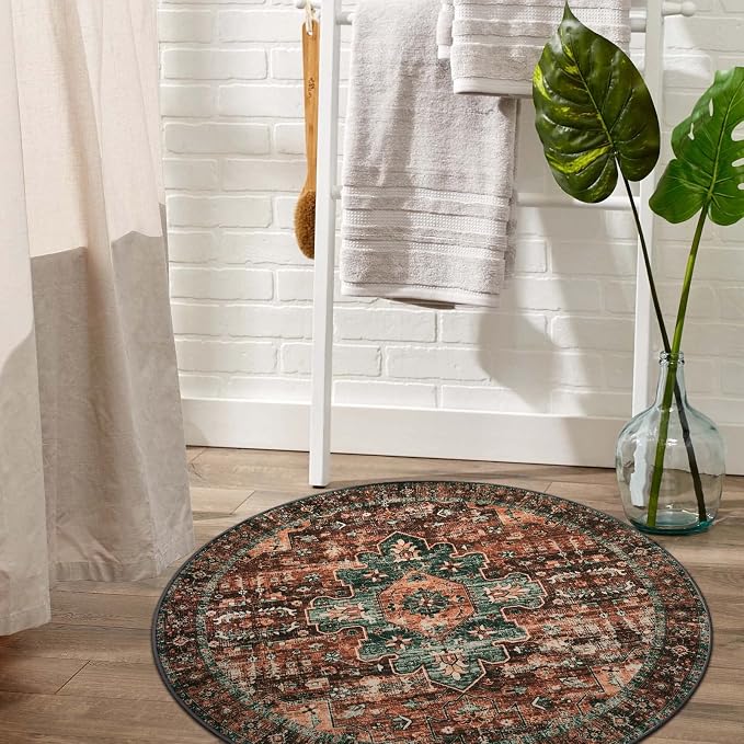 Moynesa Ultra-Thin Washable Round Rug - 3Ft Brown Entryway Rug Low Pile - Image 7