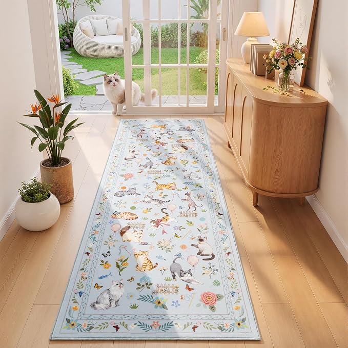Unirea 2.6x8 Blue Grey Cat Runner Rug, Washable Non Slip Botanical Rug - Image 3