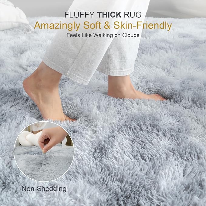 KICHOWUA Thick Area Rug Light Grey Shag Fluffy 5x8 - Image 2