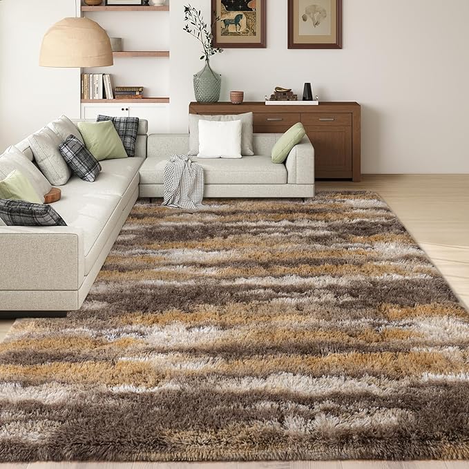 Shag Rugs for Living Room 5x7, Ultra Soft Abstract Brown Big Fuzzy Rugs for - Image 4
