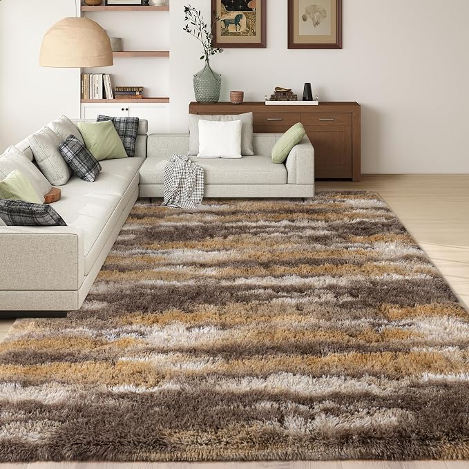 Shag Rugs for Living Room 9x12, Ultra Soft Abstract Brown Big Fuzzy Rugs for by Ailyei