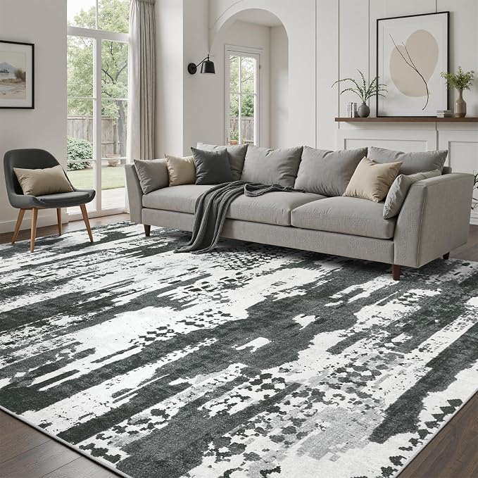 DCX Abstract Area Rug 9x12, Washable Black Modern Rug by DCXWashableRug